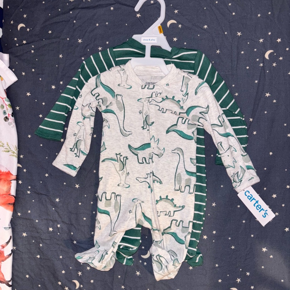 Carter's Green and Gray Dinosaur Print onesies size newborn